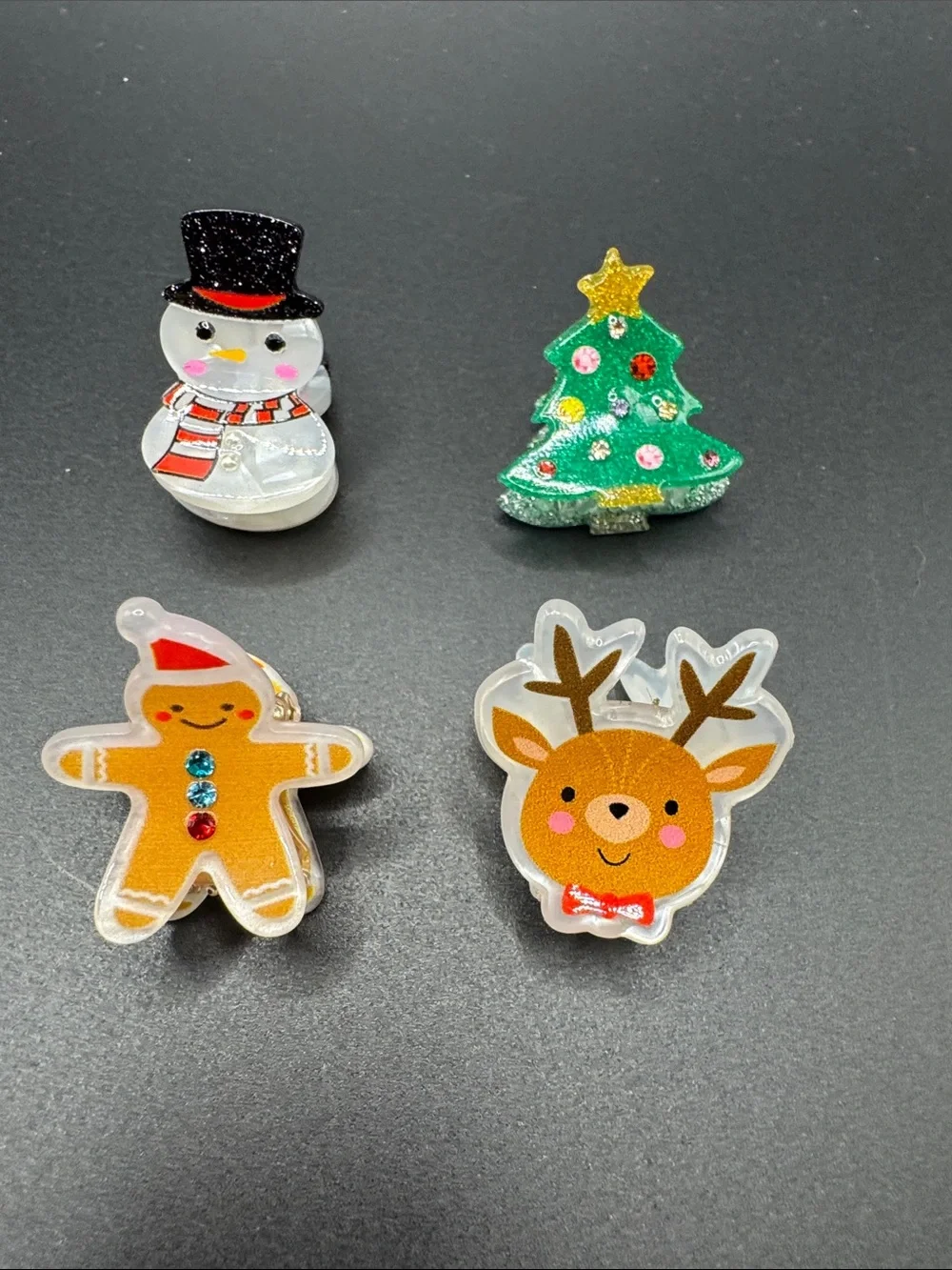 Christmas Resin hair clips Snowman, Tree, Gingerbread & Reindeer set of 4
